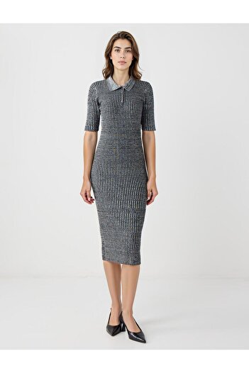 Jimmy Key Anthracite Melange Slim Fit Shirt Collar Elbow Sleeve Knitted Midi Dress