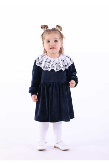 Ozmoz By Mukadder Özden Lace Collar Soft Navy Blue Velvet Little Girl's Dress
