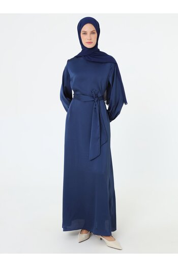 Refka Satin Hijab Dress with Tie-Up Cuffs - Navy Blue -