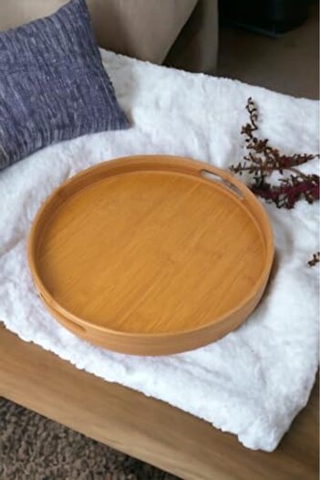 STOREMAX Goldwhirl 35cm Round Bamboo Serving Tray, Wooden Round Tray, Bamboo Tray (35Cm*35.Cm*6Cm) Tre