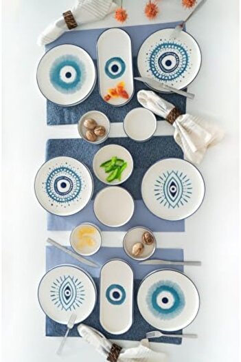STOREMAX Ceramic Hand 14 Piece Breakfast Set for 6 People with Evil Eye Beads