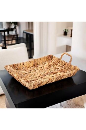 STOREMAX Goldwhirl Handmade Water Hyacinth Wicker Handle Decorative Tray Large Size (32Cm*25Cm*4Cm) Trendflash 467