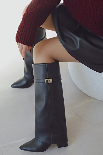 POLKA STORE Dust Tozluk Detailed Metal Buckle Heeled Below-Knee Pointed Toe Matte Leather Women's Boots