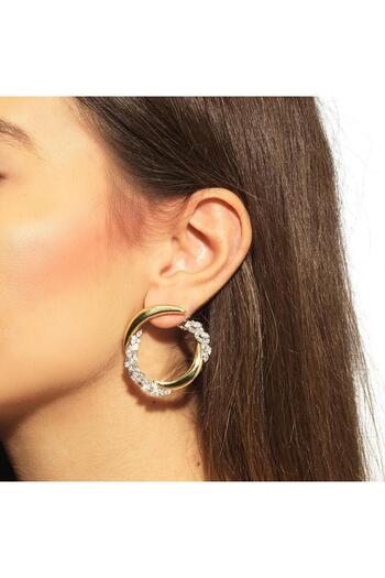 neslyaccessories 14K Gold Beyaz Taşlı Pırlanta Işıltılı Yuvarlak Küpe