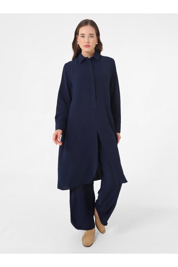 Refka Front Slit Half-Patch Tunic Trousers Two-Piece Set - Navy Blue -
