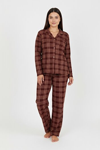Bravie Luxury Soft Brown Plaid Pattern Long Sleeve Women's Pajama Set – Plus Size 3009