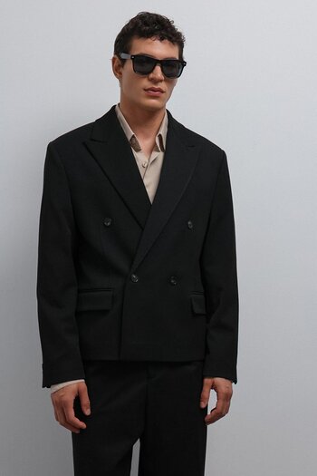 Antioch Black Double Breasted Relax Crop Fit Blazer Jacket