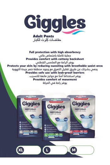 giggles Culotte Adult Diapers, Size (L), 30 Pieces of Turkish-Made Pants with Wetness Indicator and Odor Control