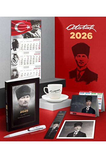 Halk Kitabevi 2026 Дневник на командира Ататюрк - Календар за стена с полумесец и звезда - Метална ролкова химикалка и чаша за кафе с подпис