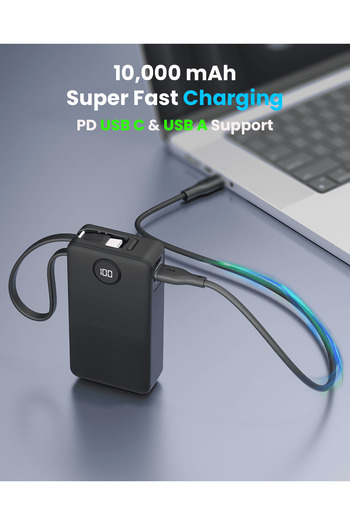 Generic 10000mAh Power Bank with Built-in USB-C Cable | PD Fast Charging for iPhone/Android
