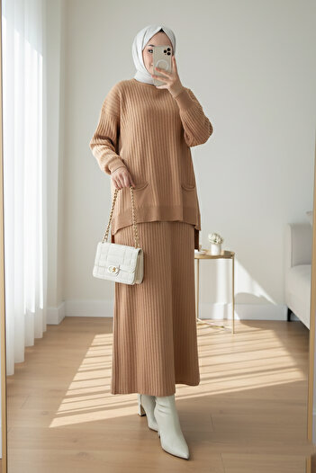 MODAQU Tunic with Skirt and Hijab Knitwear Set - Camel