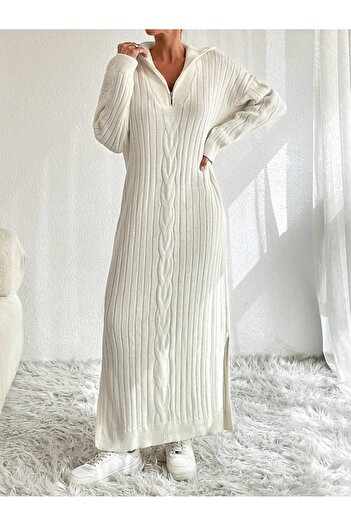 TOFİX textile triko kışlık tek örgülü yandan yırtmaçlı uzun elbise