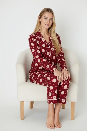 Bravie Luxury Soft Burgundy Christmas Patterned Long Sleeve Women's Pajama Set – 3026