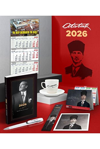 Halk Kitabevi 2026 Ататюрк бъдеща програма - стенен календар - YHBYH - метална ролкова химикалка и чаша за кафе Signature