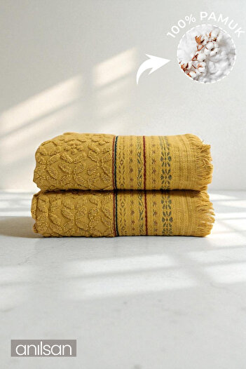 Anılsan 2-Piece Alvina Mustard Hand Towels - 50X90 Cm, 220 Gr, 100% Cotton, Spa and Hotel Towels, for Daily Use
