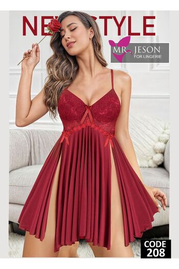 Nice Model Romantic Lace Nightdress Pleated Mini Babydoll Adjustable Straps Evening Sleepwear Side Slits