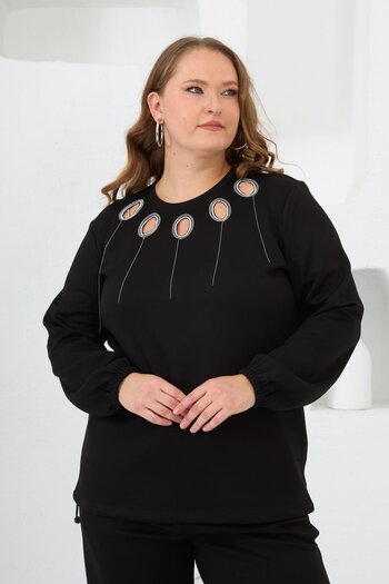 RMG Collar Detailed, Sleeves and Skirt Gathered, Plus Size Sweatshirt, Black