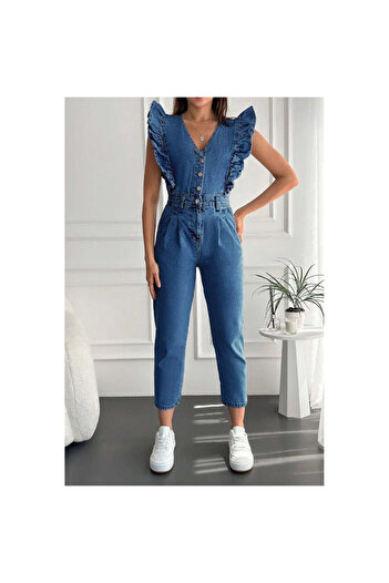 StreetWear Outlet Women's Denim Jumpsuit with Ruffled Shoulders