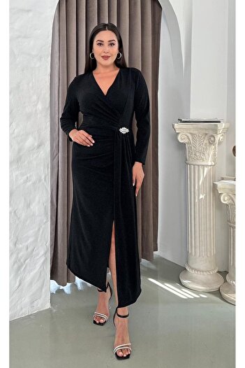 Butik Nilyam Women's Plus Size Double Breasted Collar Long Sleeve Brooch Detail Slit Buzzy Stretchy Evening Dress 25039 Black