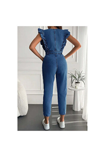 StreetWear Outlet Women's Denim Jumpsuit with Ruffled Shoulders