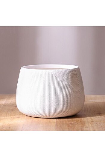 Danube Home Fiber Clay Pot with Symmetry Stripes - White - 55x55x37 CM - Stylish Outdoor Garden Accessory