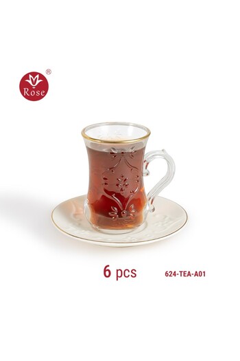 Rose Tea set consisting of 6 teacups and 6 saucers with distinctive classic engravings, Rose - 624