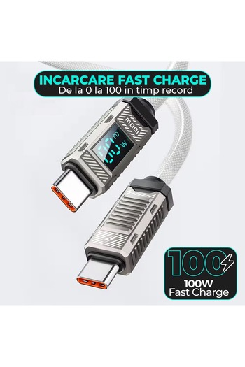 Timebox Charging and Data Transfer Cable, , Fast Charge 100W, Digital Display, 2m, Nylon + Silicon, USB-C to