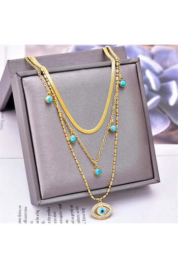 Pursehuit Gold plated necklace, stainless steel, 18k gold plated, 3 layers, with zirconia stones, Delina C1