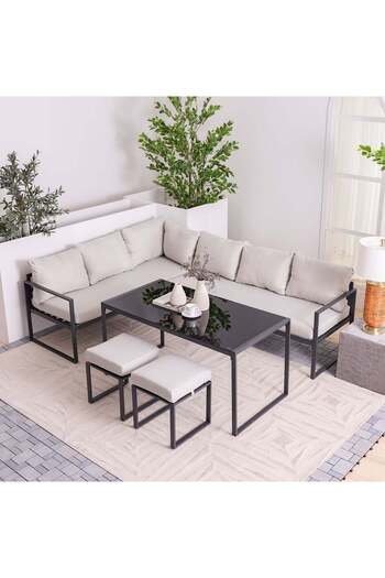 Danube Home Adora 8-Seater Outdoor Corner Sofa Set - Beige Steel, 2 Ottomans & Coffee Table, 1 Year Warranty