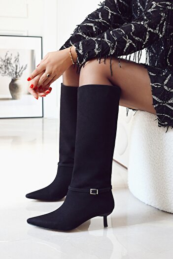 POLKA STORE Fall Kitten Heel Below-The-Knee Pointed Toe Piping Tape Detailed Matte Leather Women's Boots