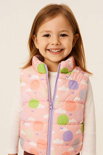 dinamik çocuk Girl's Pink Puffer Vest - Balloon and Cloud Pattern, Seasonal, 3-4-5 Years Old