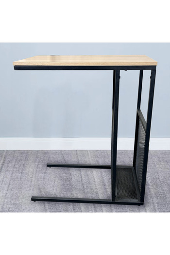 EqiEch C-Shaped Side Table with Mesh Storage, Industrial Wood Top with Metal Frame, Brown and Black