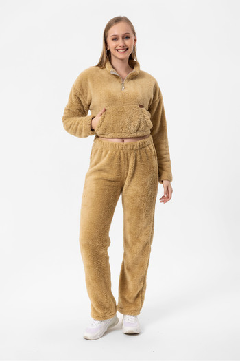 COOLHILL Women's Plush Soft Teddy Fabric Half Zipper Crop Set