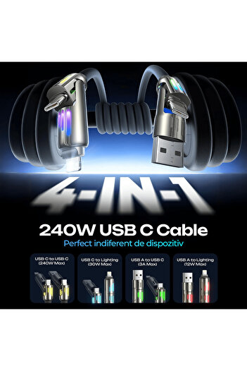 Timebox Charging and Data Transfer Cable, Ultra Fast Charge 240W, 4 in 1, Length 2m, 2 x USB-C, USB, Light