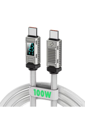 Timebox Charging and Data Transfer Cable, , Fast Charge 100W, Digital Display, 2m, Nylon + Silicon, USB-C to