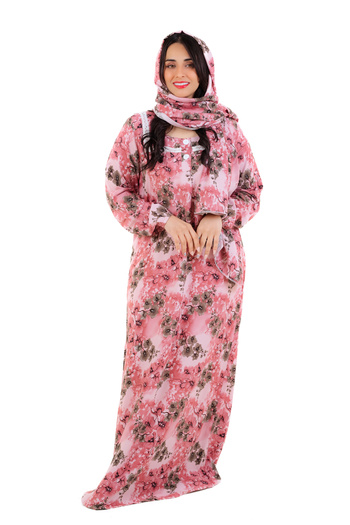 amaan Women's Modern Floral Print Rayon Abu Tarha Jalabiya, Long Sleeve, elastic cuff with Headscarf.