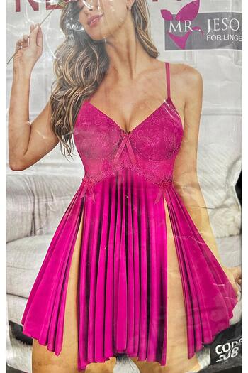TREN Soft Pleated Nightgown Embroidered Lace Bust Ribbon Accent Flowy Babydoll Lingerie Side Slits