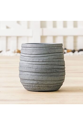 Danube Home Dark Grey Fiber Clay Pot with Elegant Ribbon Design - 22x22x22 CM - Ideal for Outdoor Gardens