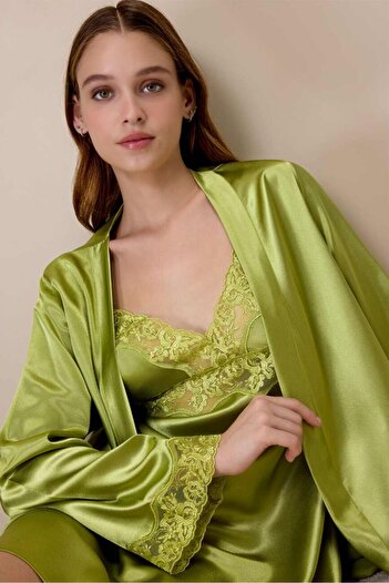 AYYILDIZ 3978 Green Satin Nightgown Dressing Gown Set