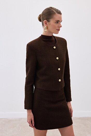 Sateen Short Tweed Jacket - Brown