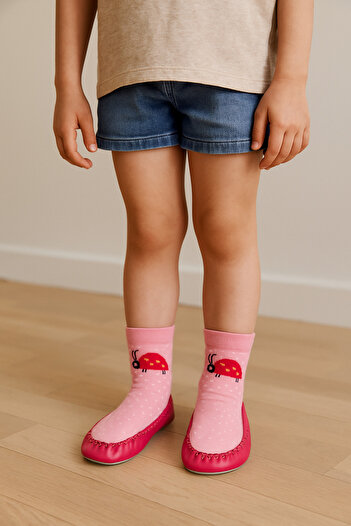Katia&Bony Girl's Ladybug Patterned Moccasin Socks Booties Slippers – Non-Slip Home & Kindergarten Shoes