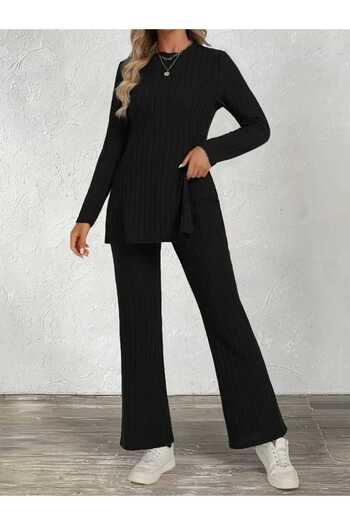 Kokosh moda Women's Crew Neck Side Slit Ruched Camisole Blouse Pants Two-Piece Set