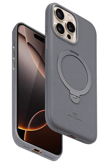 Fuchsia iPhone 15 Pro Max Vapor Leather Case with Magsafe Stand - Titan Gray
