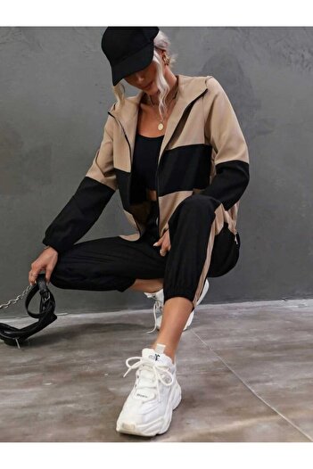 Kokosh moda Women's Long Sleeve Front Zipper Hooded Viscose Two Thread Blouse Pants Two Piece Set