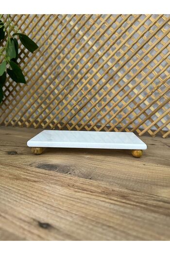 FARALYAHOME Natural Marble Oil Dish and Serving Bowl 20X10 cm White Marble with Wooden Marble Base
