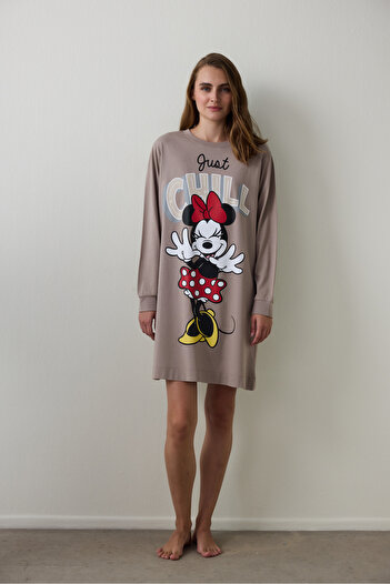 Penti Dark Beige Just Chill Mickey Mouse Printed Long Sleeve Nightgown