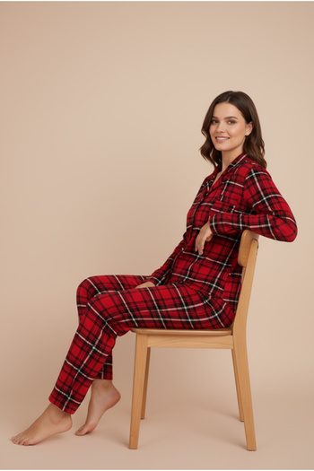 Bravie Luxury Viscose Red Plaid Patterned Women's Long Sleeve Plus Size Pajama Set – 42513