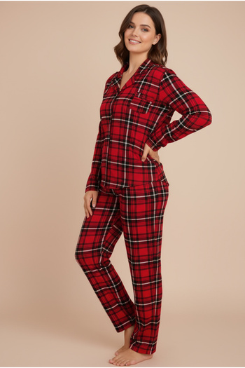 Bravie Luxury Viscose Red Plaid Patterned Women's Long Sleeve Plus Size Pajama Set – 42513