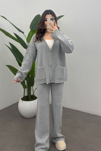 Bipantolon Women's Light Gray Pocket Detailed Shepherd Stitch Cardigan Pants Bottom Top Knitwear Set