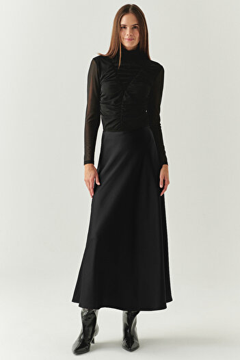 Exquise High Waist Grosgrain Detailed Satin Regular Midi Skirt with Side Zipper